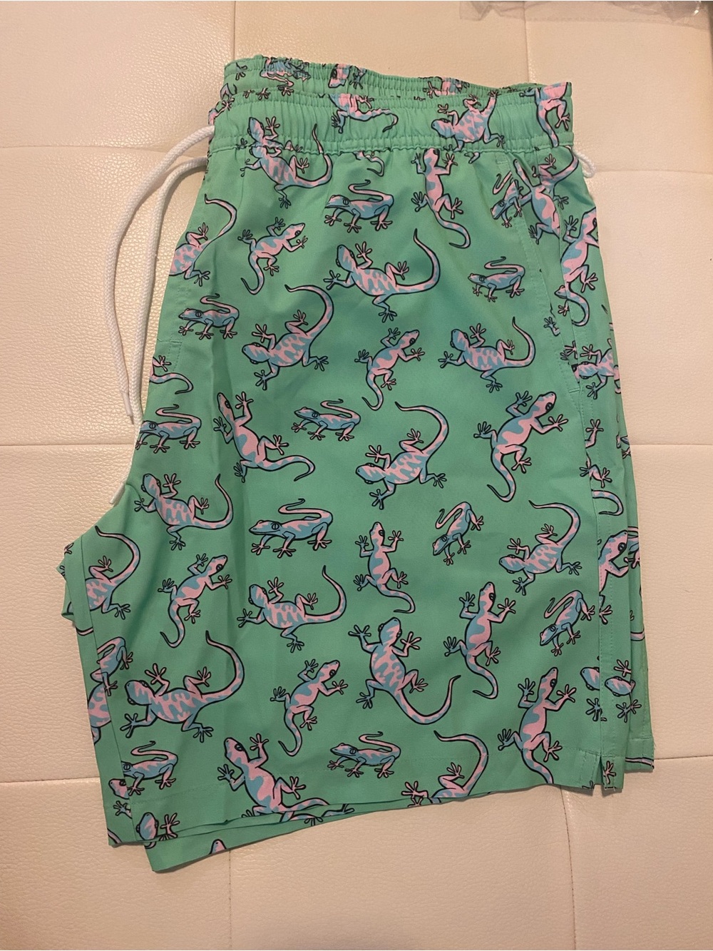 MeUndies Green Swim Shorts with Pink & Blue Lizard Print